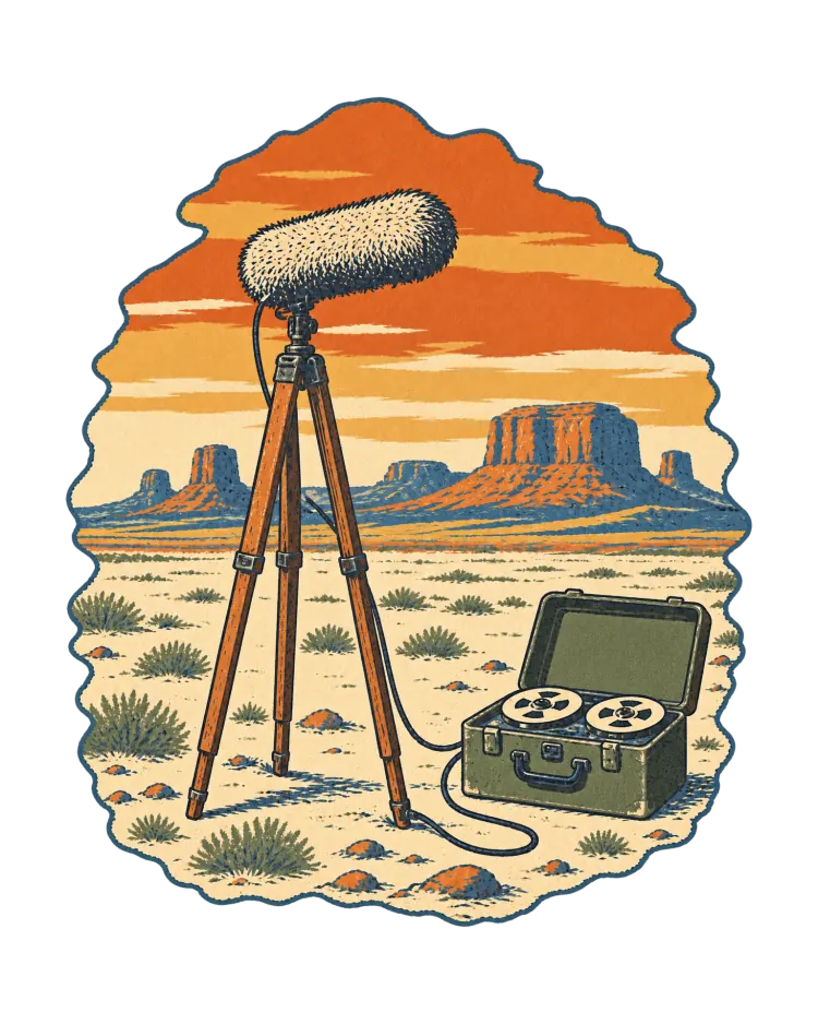 AI-generated cover art: a field microphone on a wooden tripod and an open reel-to-reel recorder on a desert flat, with mesas under an orange evening sky.