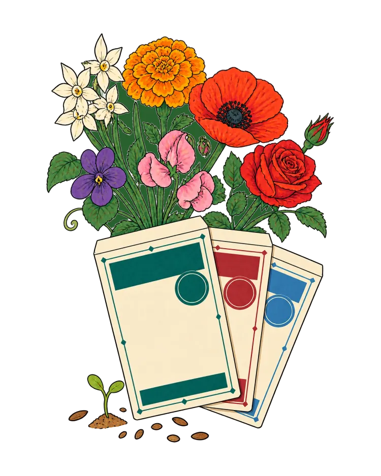 AI-generated cover art: three blank seed packets in green, red and blue, fanned out, with a bunch of flowers rising from behind them (narcissus, marigold, poppy, violet, sweet peas and a rose) and a seedling sprouting from a pile of seeds beside them.