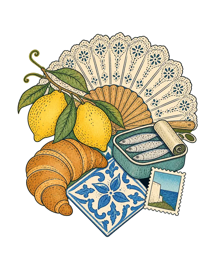 AI-generated cover art: a lace fan, two lemons on a branch, a croissant, an open tin of sardines, a blue and white tile and a small postage stamp of the sea, piled together.