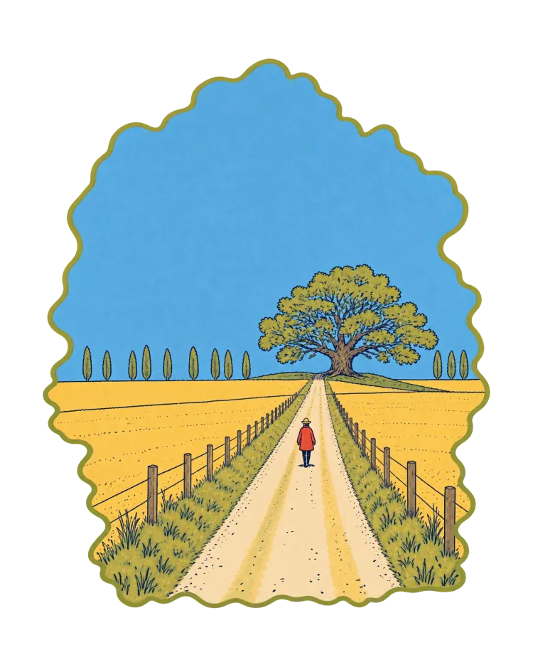 AI-generated cover art: one small figure in a red coat walking a long dirt road between golden fields toward a single oak under a blue sky.
