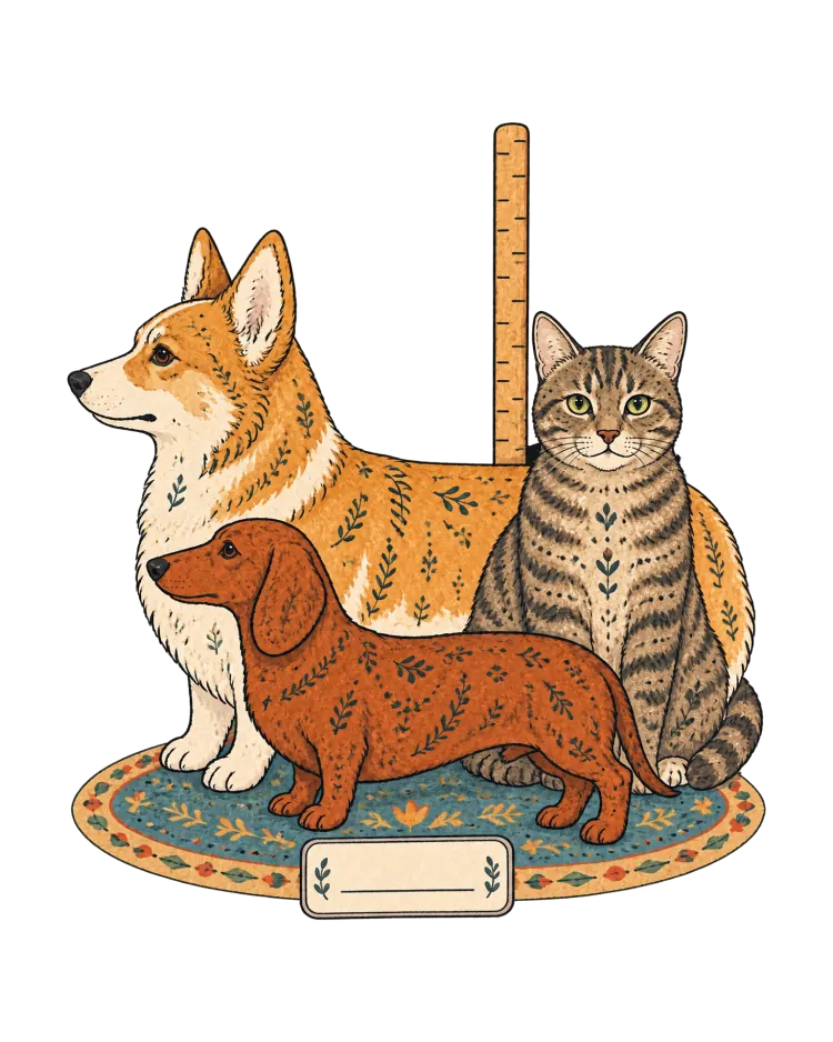 AI-generated cover art: a corgi, a dachshund and a tabby cat with patterned coats, standing on a round rug beside a measuring stick and a blank name card.