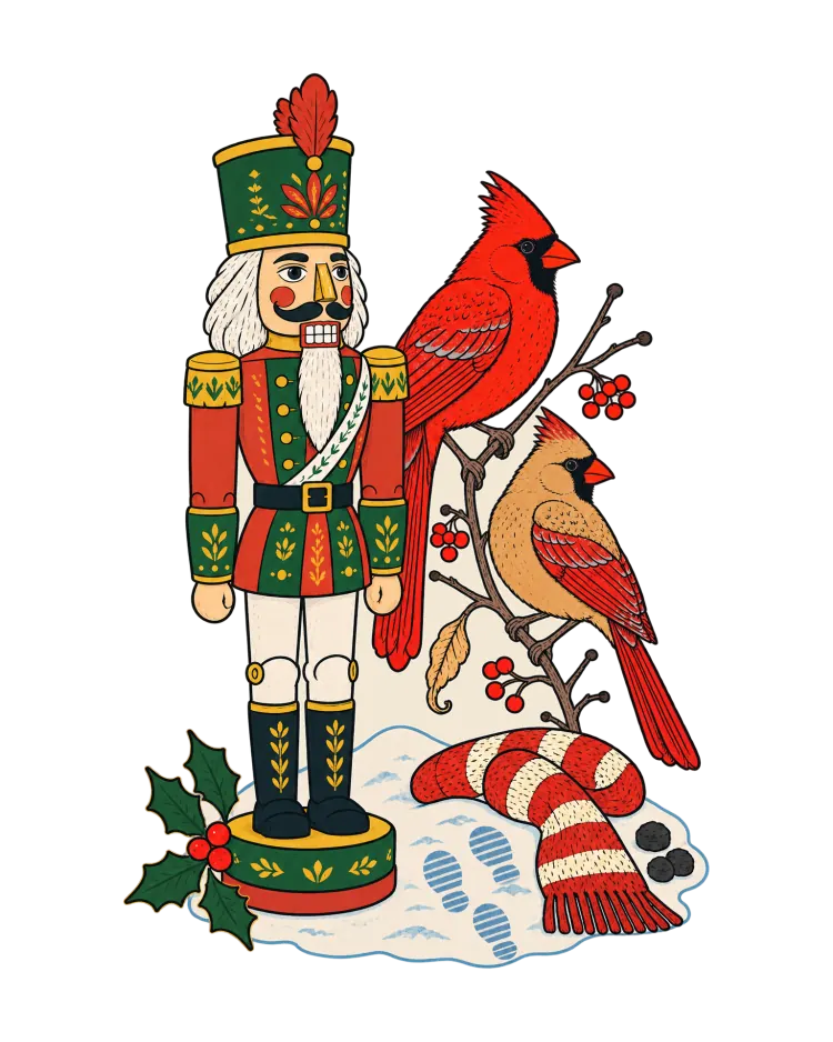 AI-generated cover art: a red and green nutcracker standing on a patch of snow beside a pair of cardinals on a berry twig, with a sprig of holly, a striped scarf, two lumps of coal and a trail of boot prints.