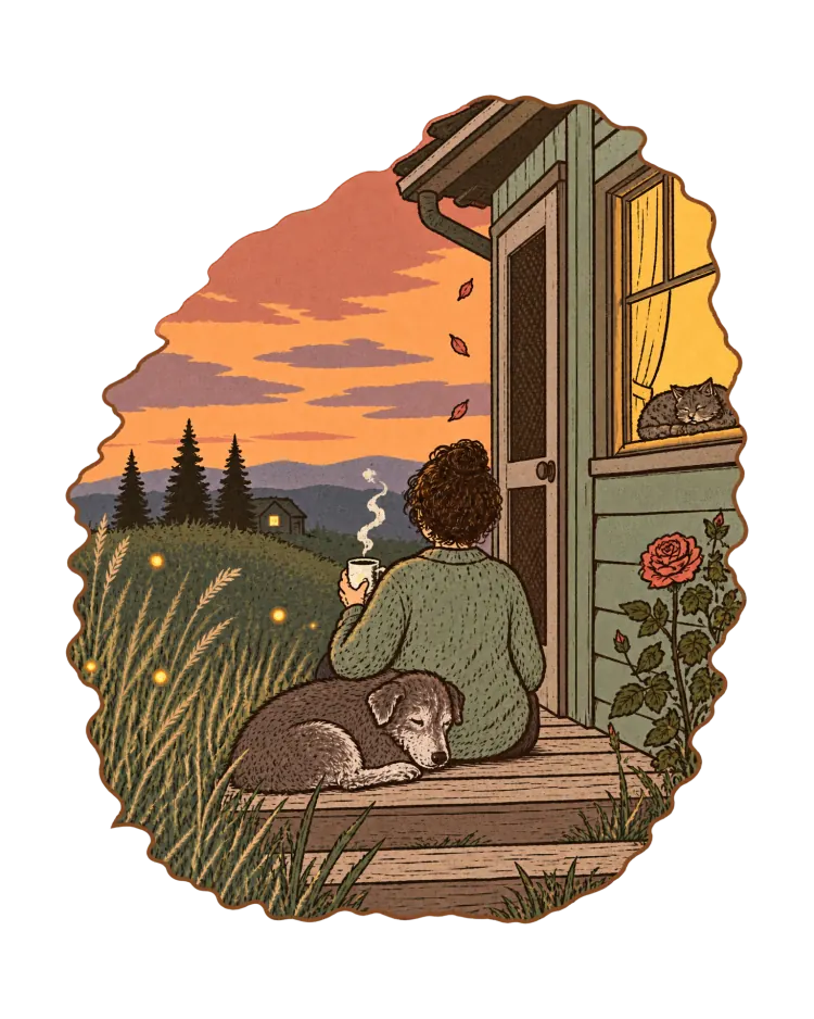 AI-generated cover art: a person sitting on a back step at dusk with a mug, an old dog asleep beside them, a lit window and a cat inside.