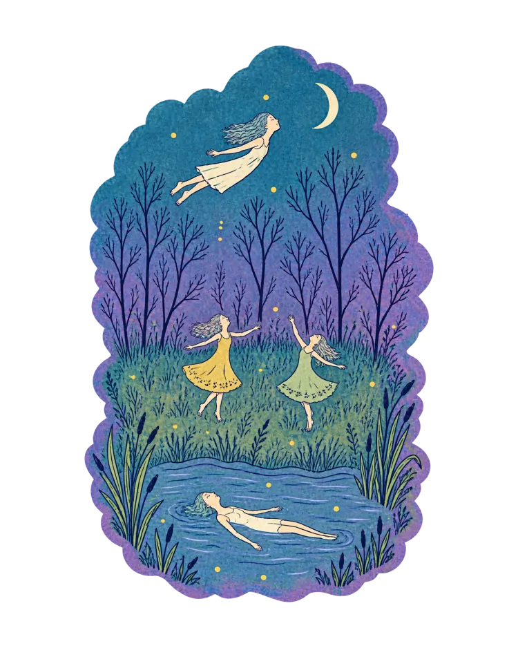 AI-generated cover art: at night under a crescent moon, one person floats above the trees, two dance in a meadow and one swims on her back in a pond.