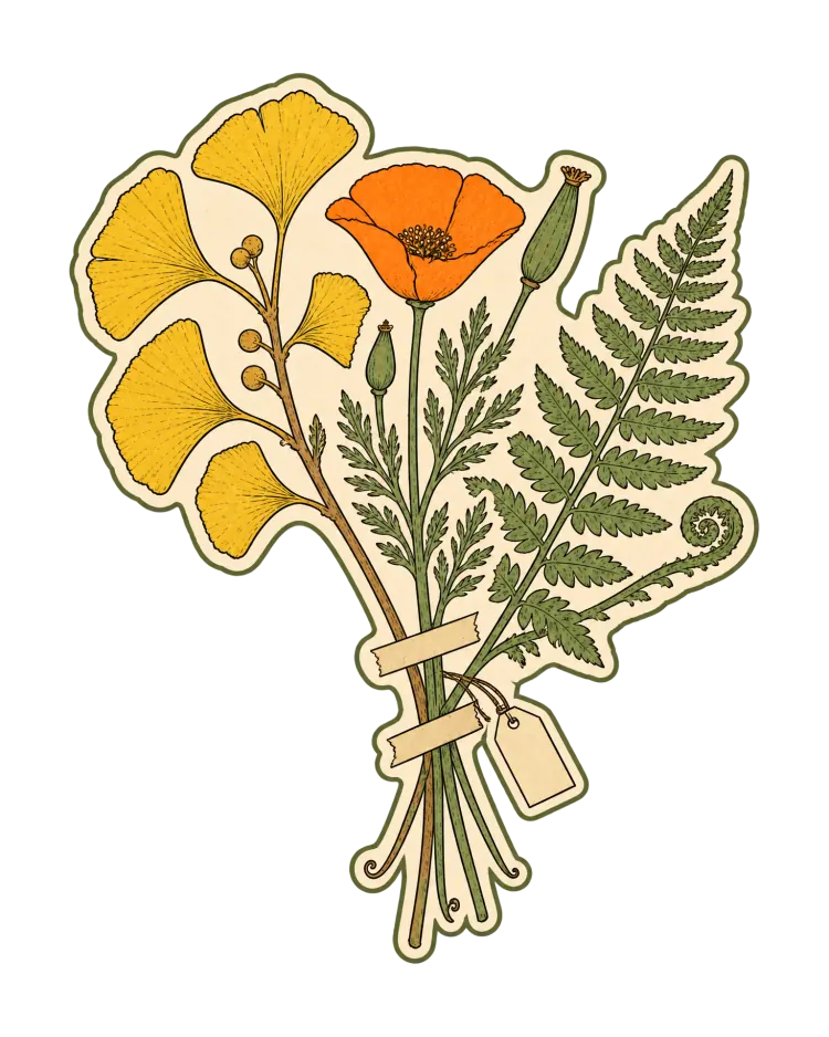 AI-generated cover art: a ginkgo twig, an orange poppy and a fern frond with a curled fiddlehead, pressed flat and taped together with a blank paper tag.