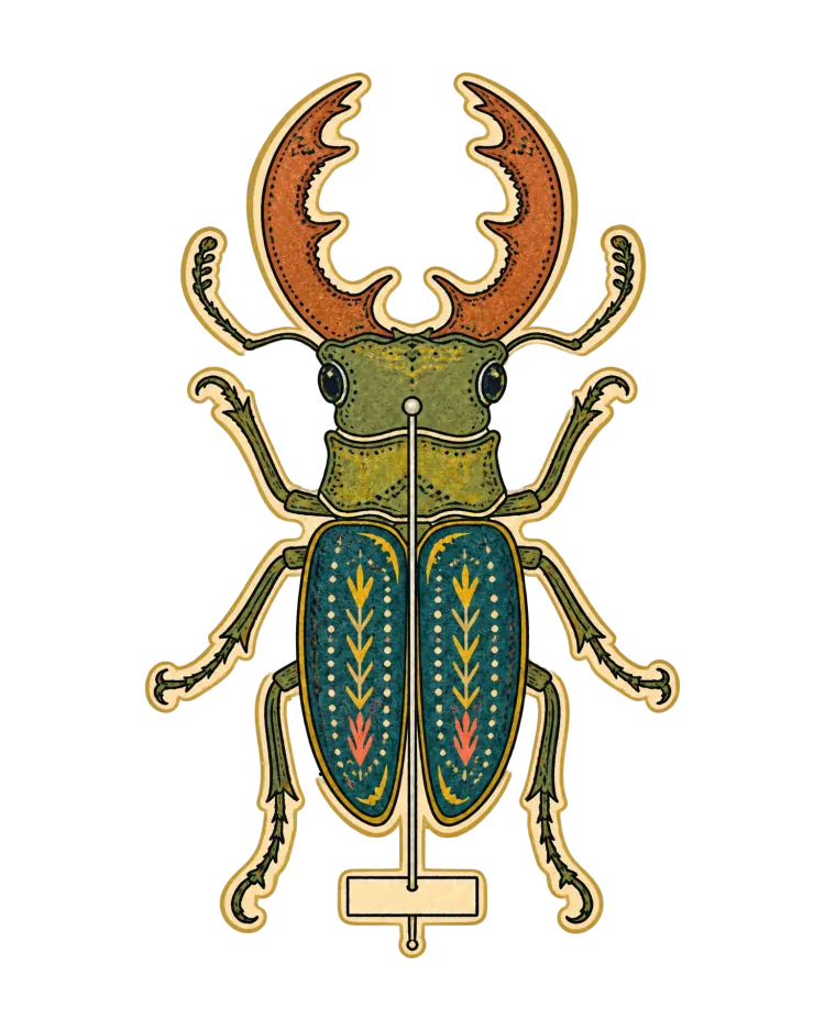 AI-generated cover art: a stag beetle with green and teal patterned wing cases, pinned above a blank specimen label.