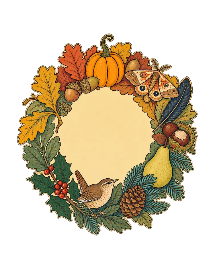 AI-generated cover art: a ring of autumn things around an empty pale middle: oak leaves, acorns, a pumpkin, a moth, a feather, chestnuts, a pear, holly, a pinecone and a wren.
