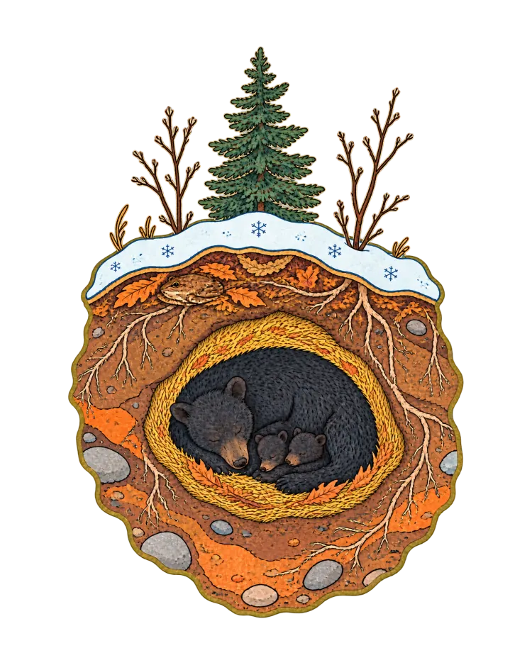 AI-generated cover art: a slice of snowy hillside cut straight down, a spruce and two bare saplings on top and a frog tucked in the leaf litter under the snow; below, in a round den lined with golden grass, a black bear sleeps curled around two small cubs.