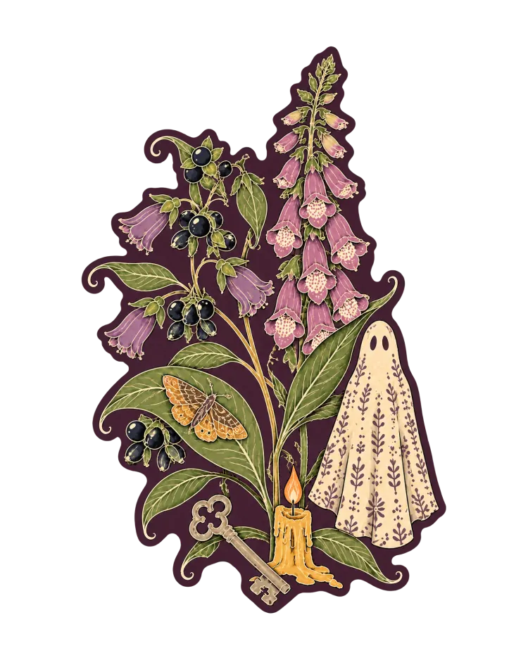 AI-generated cover art: foxglove and nightshade with black berries, a moth, a lit candle, an old key and a small ghost under a sheet, on a dark plum ground.