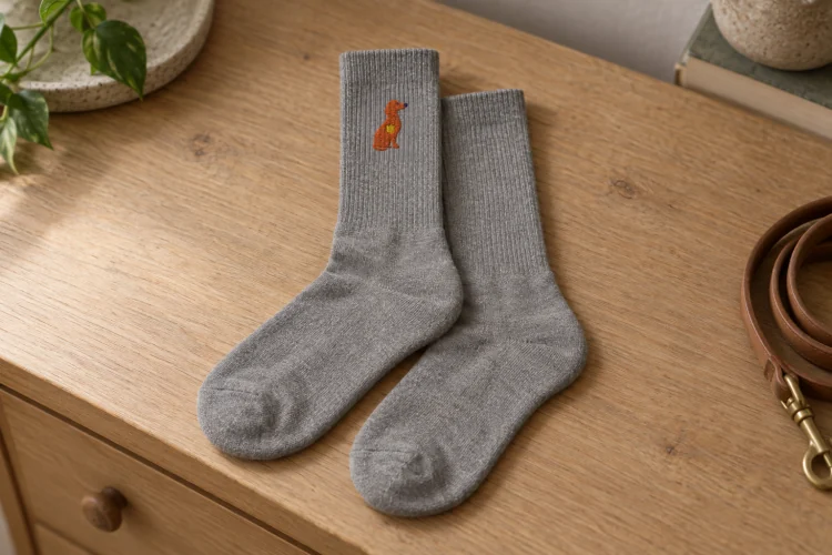 AI-generated image of the Dachshund Socks in Heather Grey, folded on a table, its embroidery facing up.