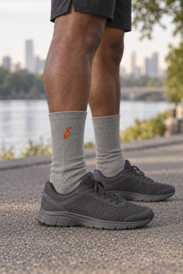 AI-generated image of the Dachshund Socks in Heather Grey, worn with a riverside running path in the city.