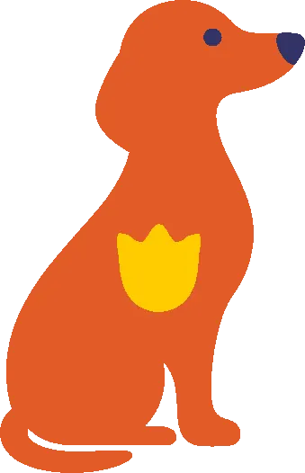 Embroidery artwork: a dachshund sitting upright in side profile, facing right, its long back curving up to its head, with a floppy ear and its tail curled along the ground: an orange coat, a navy eye and nose, and a small gold tulip on its chest, in flat solid colour with no outline.