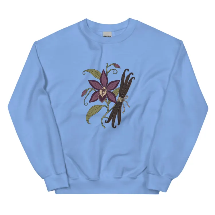 The Dark Orchid & Vanilla Crewneck in Carolina Blue.