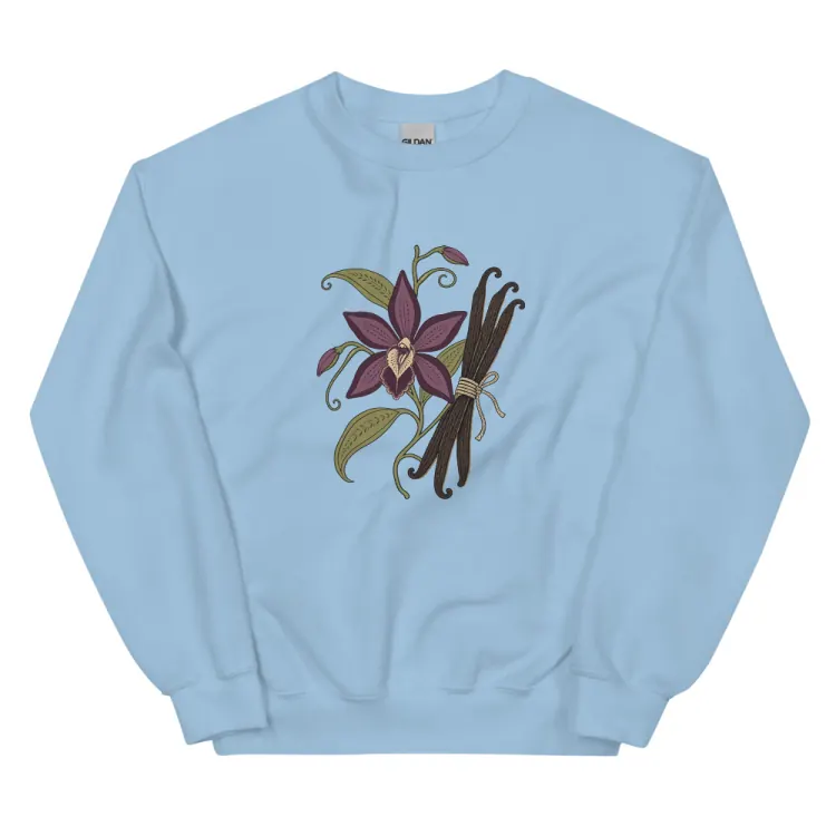 The Dark Orchid & Vanilla Crewneck in Light Blue.