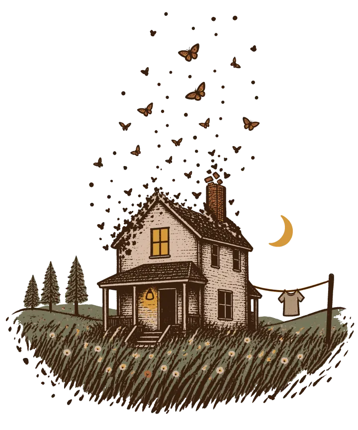 Print artwork: a small old two-story farmhouse at dusk in a meadow of tall grass dotted with small white flowers, drawn in dark brown line. One upstairs window glows yellow and a lamp is lit on the front porch. The walls and porch are whole, but the roof ridge, the left gable and the top of the brick chimney break into small moths, some with orange wings, that drift up and away and thin out into dots high above, with a few loose bricks lifting off the chimney. A crescent moon, a clothesline with one small tee, and three pines on a green hill. The meadow's lower edge breaks into loose flecks.
