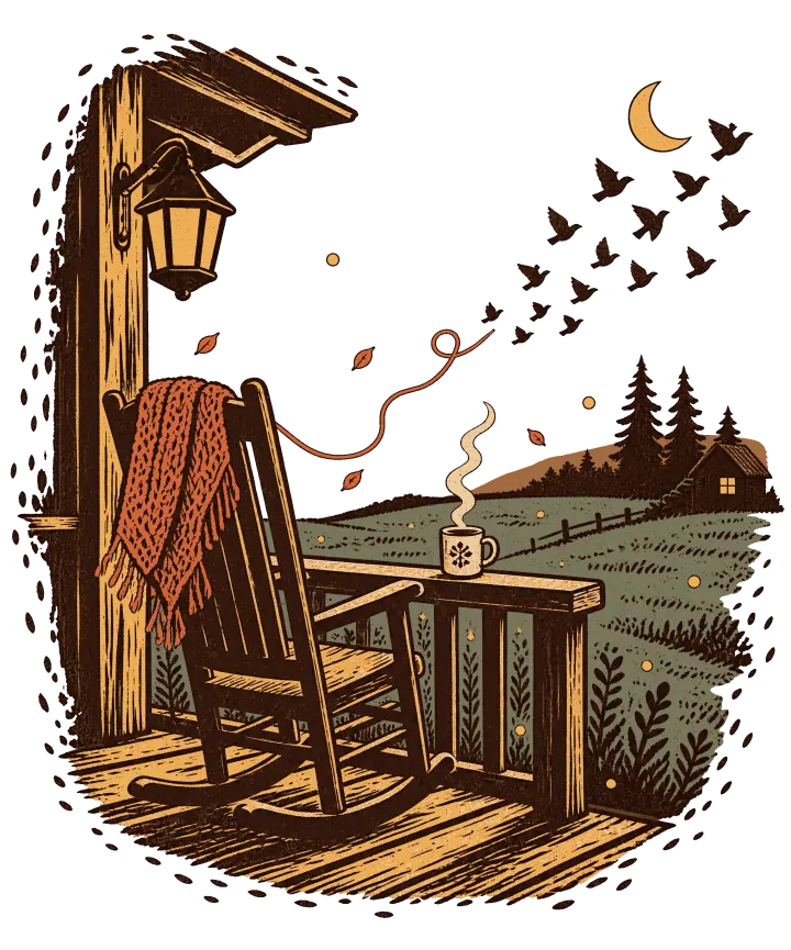Print artwork: an empty wooden rocking chair on an old porch at dusk, seen from the side, under a lit lantern on the porch post. A rust knitted shawl hangs over the chair's back, and one strand of its yarn trails off in a loose curl toward a flock of small dark birds flying up and away past a crescent moon. A mug with steam curling from it sits on the porch rail. Beyond are a green field with a low fence, dark pines, a small cabin with one lit window and a rose-brown ridge, with a few falling leaves and small yellow dots of fireflies. The edges break into loose dark flecks.