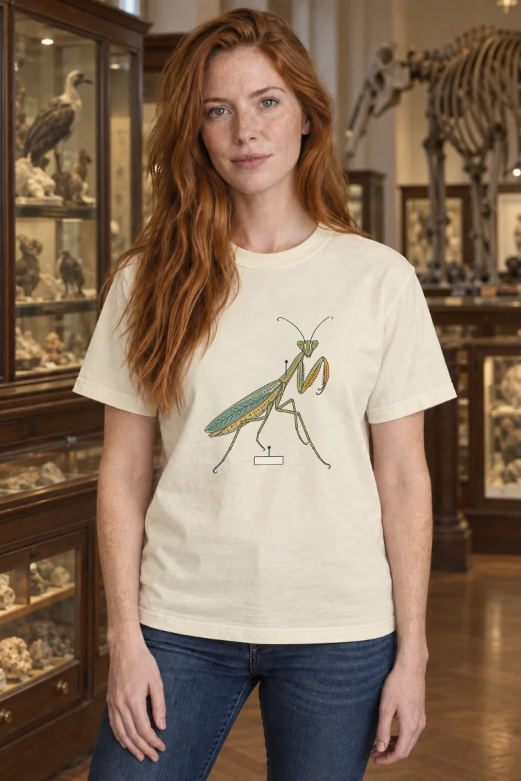 AI-generated image of a fictional model wearing the Praying Mantis Tee in Ivory, size S, at 5′6″ tall.