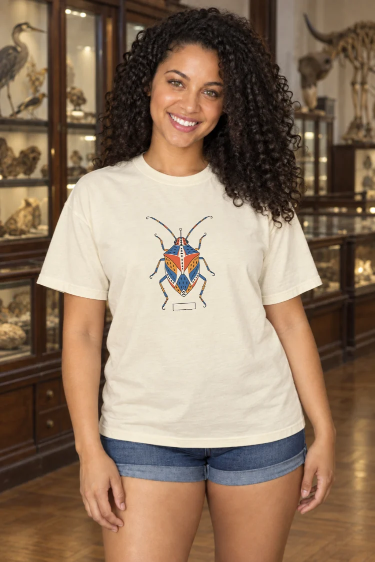 AI-generated image of a fictional model wearing the Picasso Bug Tee in Ivory, size L, at 5′6″ tall.