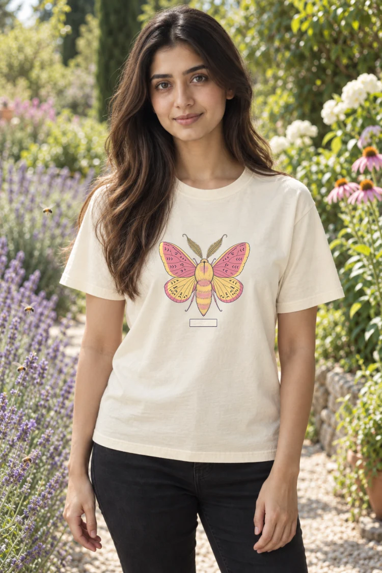 AI-generated image of a fictional model wearing the Rosy Maple Moth Tee in Ivory, size S, at 5′3″ tall.