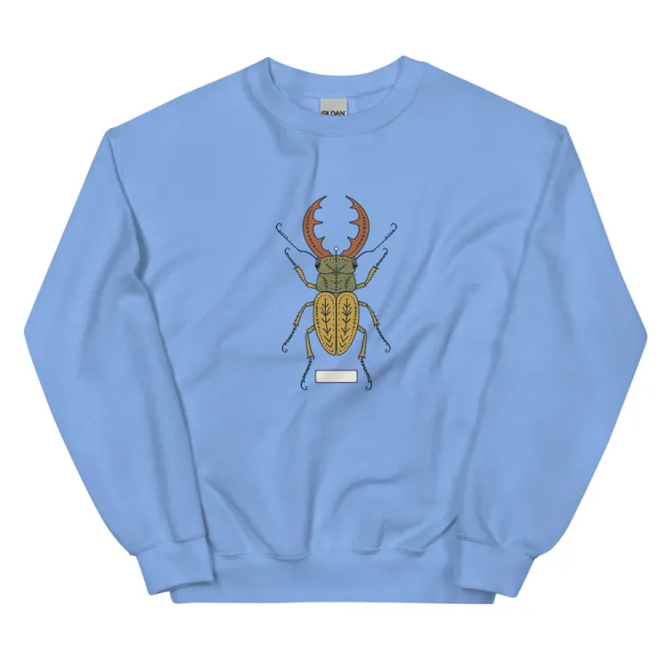 The Stag Beetle Crewneck in Carolina Blue.