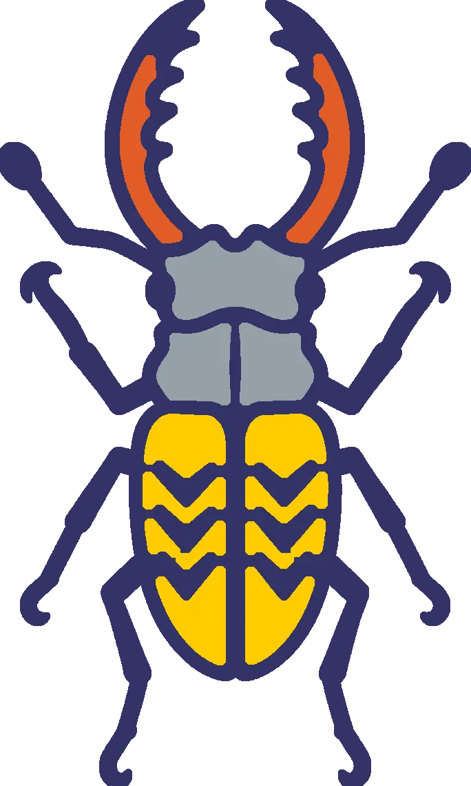 Embroidery artwork: a stag beetle seen from above, stitched in four threads: orange jaws toothed along the inside, a grey head and thorax, gold wing cases with navy chevrons, and six hooked legs and two antennae, all outlined in navy.