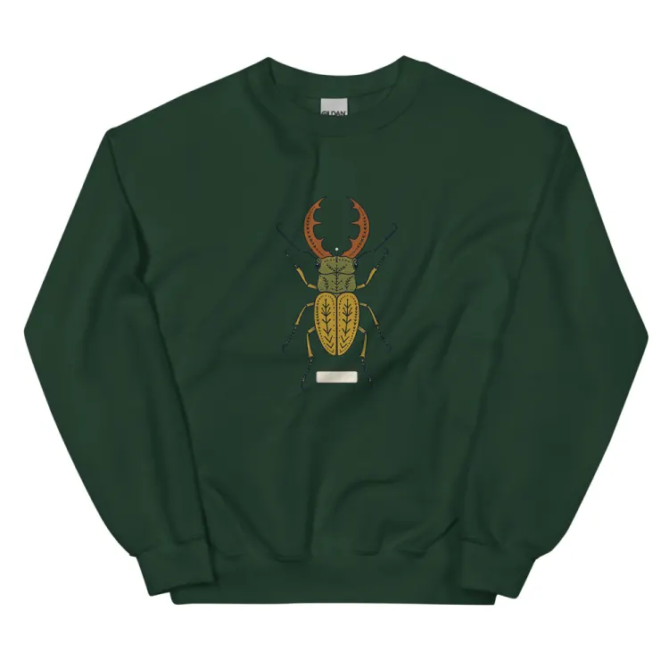 The Stag Beetle Crewneck in Forest Green.