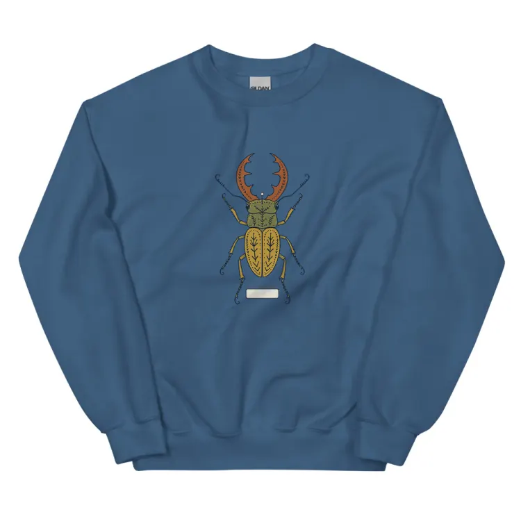 The Stag Beetle Crewneck in Indigo Blue.