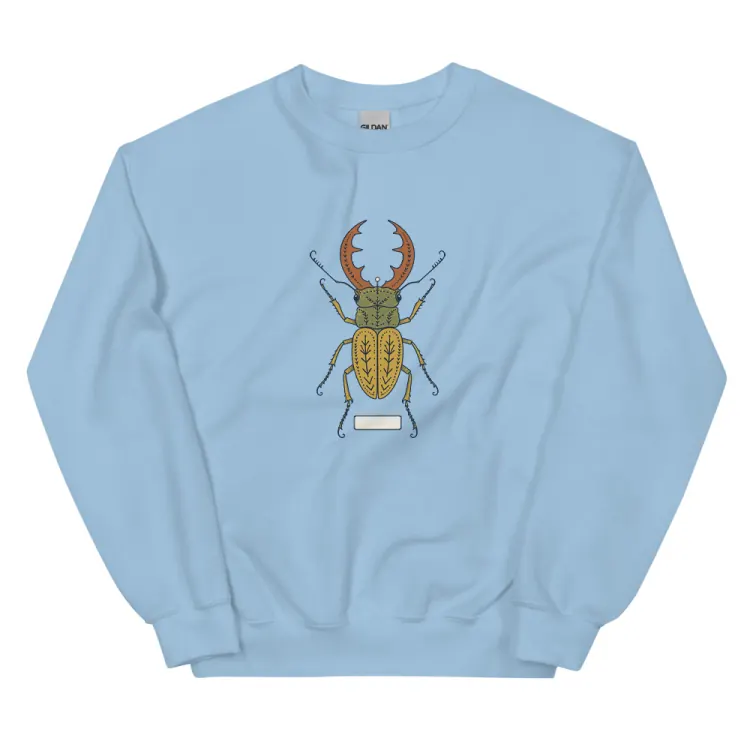 The Stag Beetle Crewneck in Light Blue.
