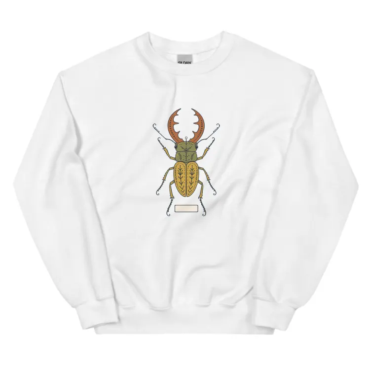 The Stag Beetle Crewneck in White.