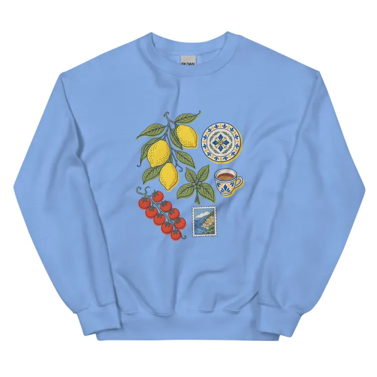 The Amalfi, Elsewhere Crewneck in Carolina Blue.