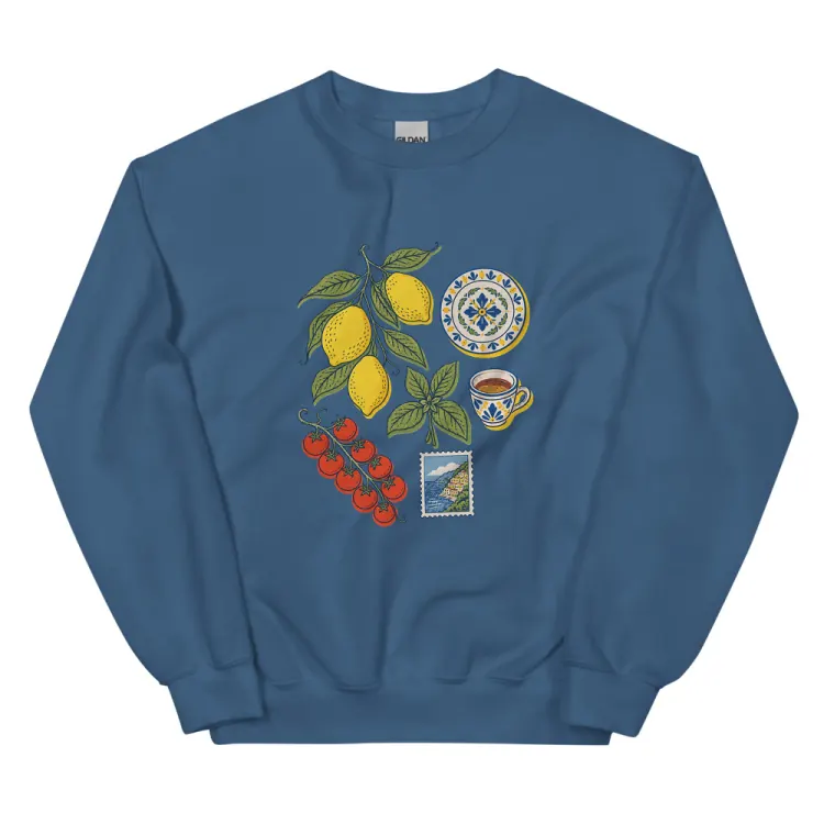 The Amalfi, Elsewhere Crewneck in Indigo Blue.
