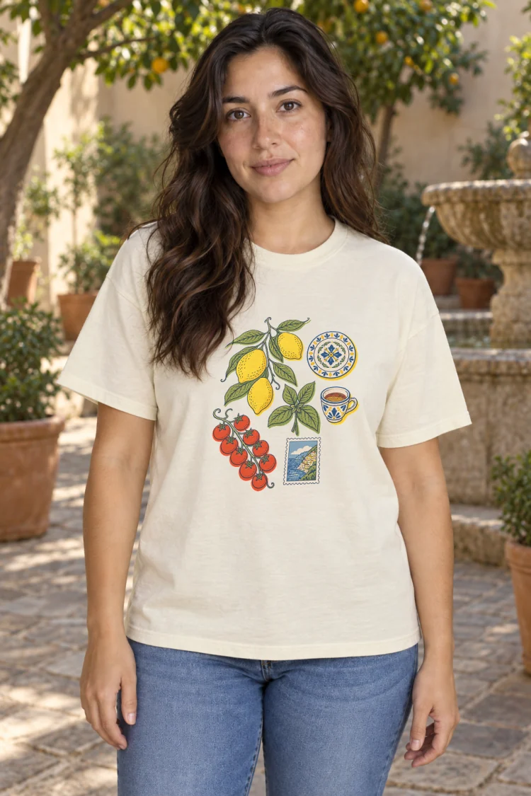 AI-generated image of a fictional model wearing the Amalfi, Elsewhere Tee in Ivory, size M, at 5′4″ tall.