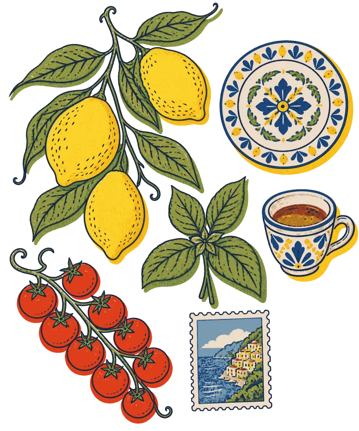 Print artwork: Amalfi, Italy, through its ordinary things: a branch of big yellow lemons with leaves, a round plate painted in blue and yellow, a small espresso cup painted to match, a sprig of basil, a vine of cherry tomatoes and a postage stamp of pastel houses stacked on a cliff above the sea.