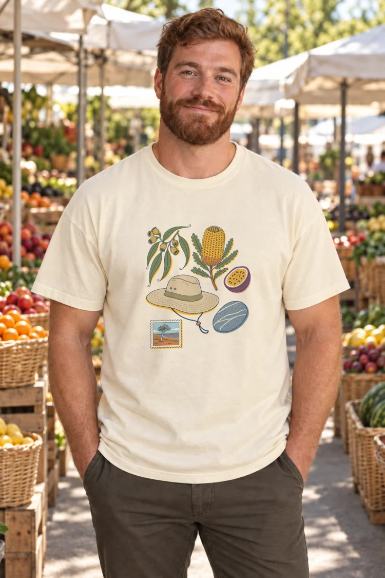 AI-generated image of a fictional model wearing the Australia, Elsewhere Tee in Ivory, size L, at 6′0″ tall.