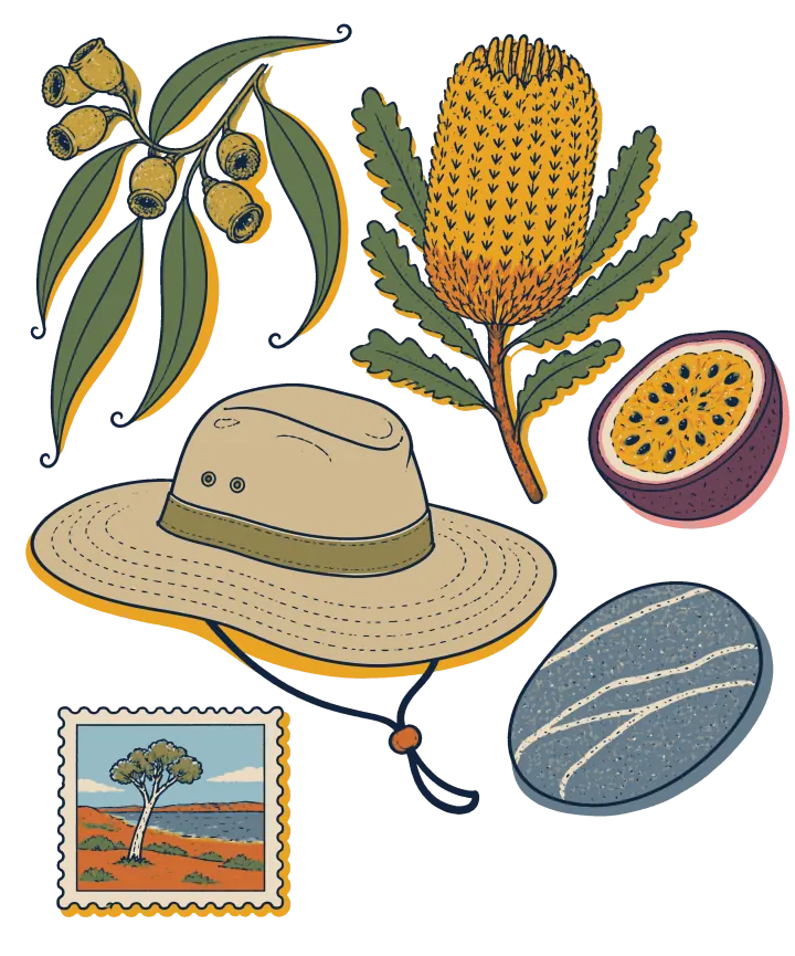 Print artwork: Australia through its ordinary things: a sprig of eucalyptus leaves with gum nuts, a yellow banksia flower, half a passionfruit full of seeds, a wide-brimmed canvas hat with a chin strap, a smooth grey river stone with pale bands and a postage stamp of red earth and a single gum tree by the water.