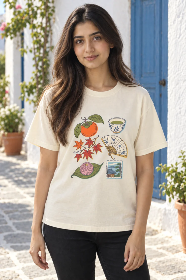 AI-generated image of a fictional model wearing the Kyoto, Elsewhere Tee in Ivory, size S, at 5′3″ tall.