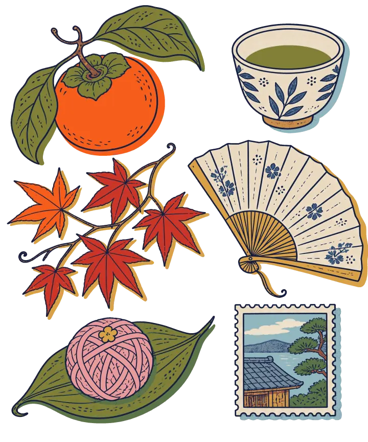 Print artwork: Kyoto, Japan, through its ordinary things: an orange persimmon with its leaves, a small teacup of green tea painted with blue leaves, a folding paper fan with blue flowers, a sprig of red maple leaves, a small pink ball wrapped in fine lines with a flower on top, resting on a leaf, and a postage stamp of a tiled wooden roof and a pine by the water.