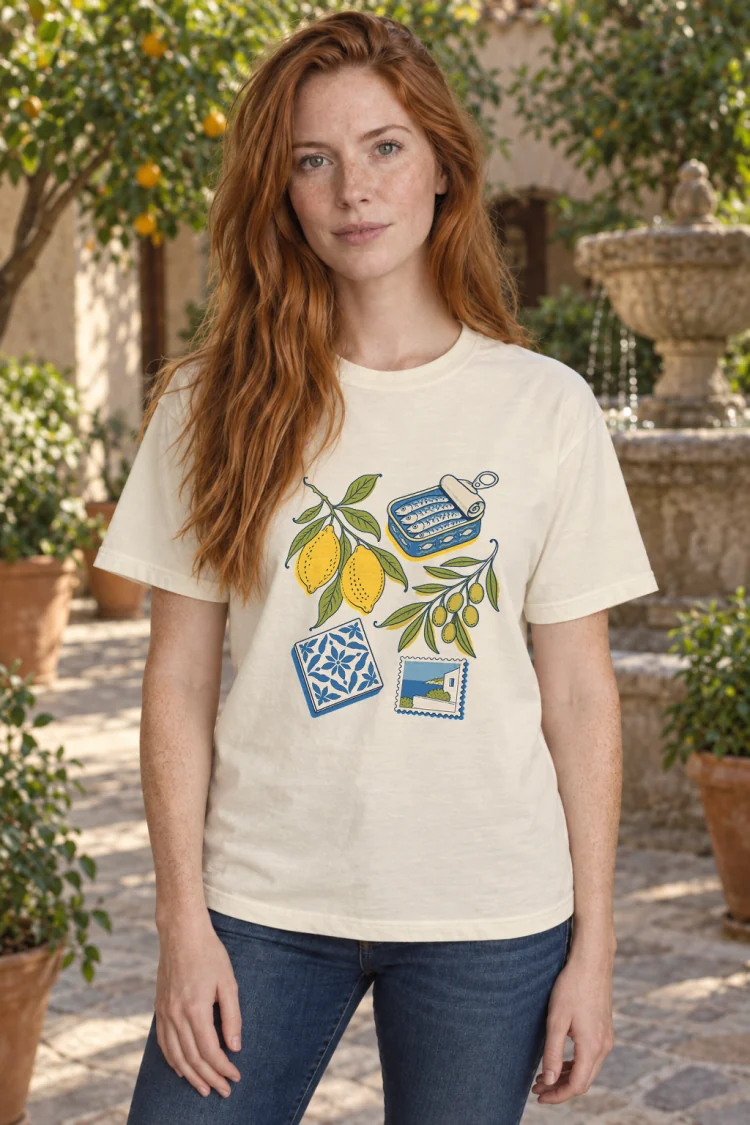 AI-generated image of a fictional model wearing the The Mediterranean Tee in Ivory, size S, at 5′6″ tall.