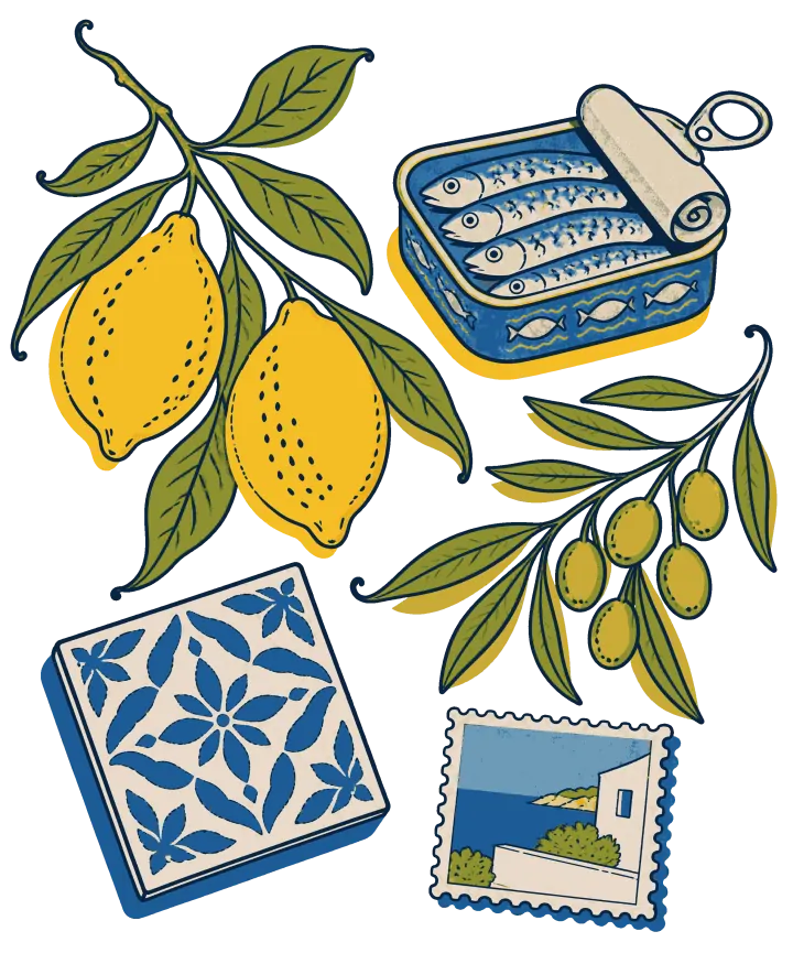 Print artwork: the Mediterranean through its ordinary things: two lemons on a leafy branch, an open tin of sardines with its lid rolled back, an olive sprig, a blue and white patterned tile and a postage stamp of a white house above the sea.