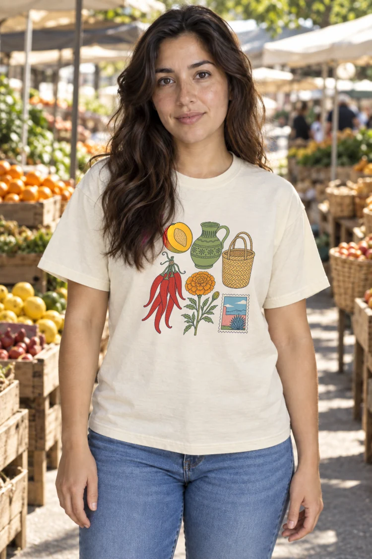 AI-generated image of a fictional model wearing the Oaxaca, Elsewhere Tee in Ivory, size M, at 5′4″ tall.