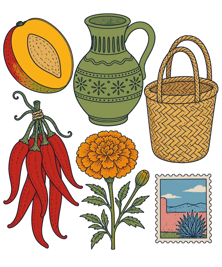 Print artwork: Oaxaca, Mexico, through its ordinary things: half a mango with its stone showing, a green clay jug with a pressed pattern, a woven palm basket with two handles, a bunch of long red chiles tied at the stems, an orange marigold in full bloom and a postage stamp of a pink adobe wall and an agave under a blue sky.