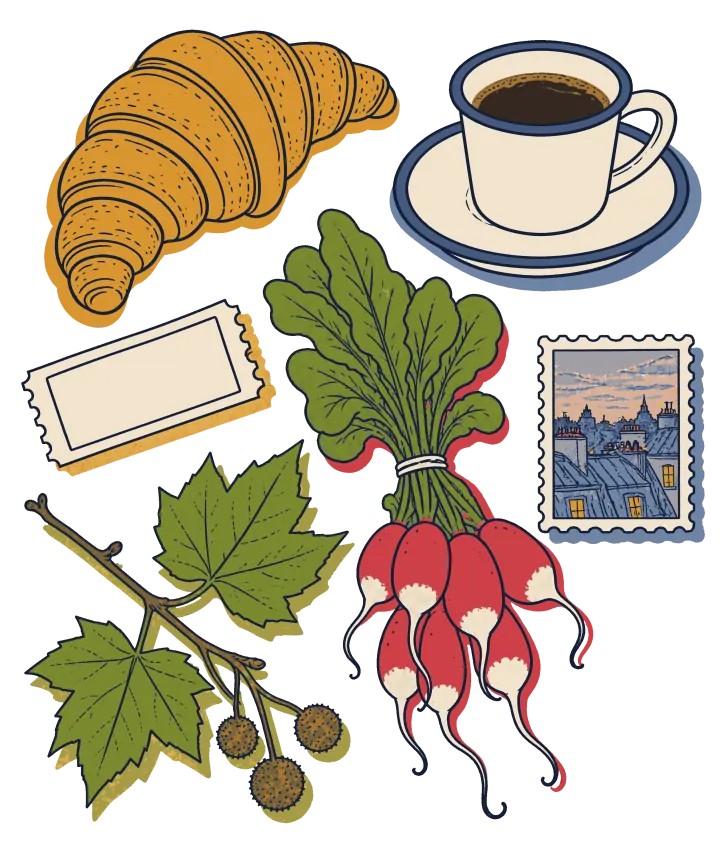 Print artwork: Paris through its ordinary things: a croissant, a cup of black coffee on a saucer, a blank paper ticket, a plane tree sprig with its round seed balls, a bunch of red radishes and a small postage stamp showing grey rooftops at dusk.