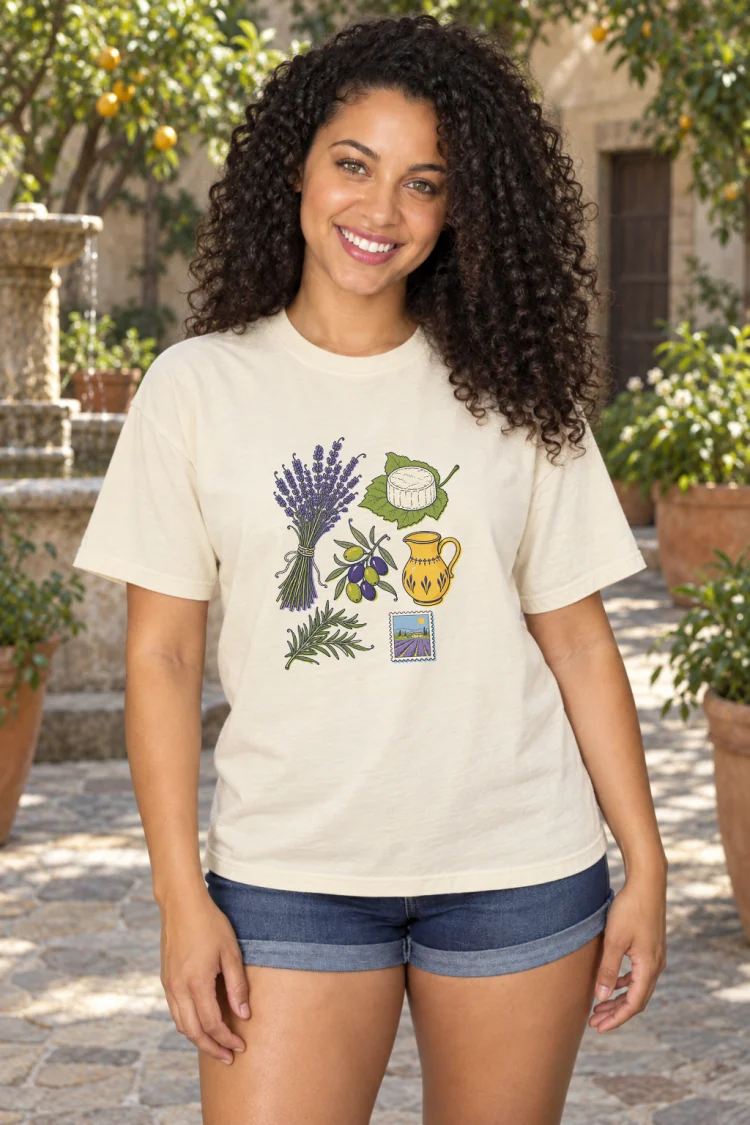 AI-generated image of a fictional model wearing the Provence, Elsewhere Tee in Ivory, size L, at 5′6″ tall.