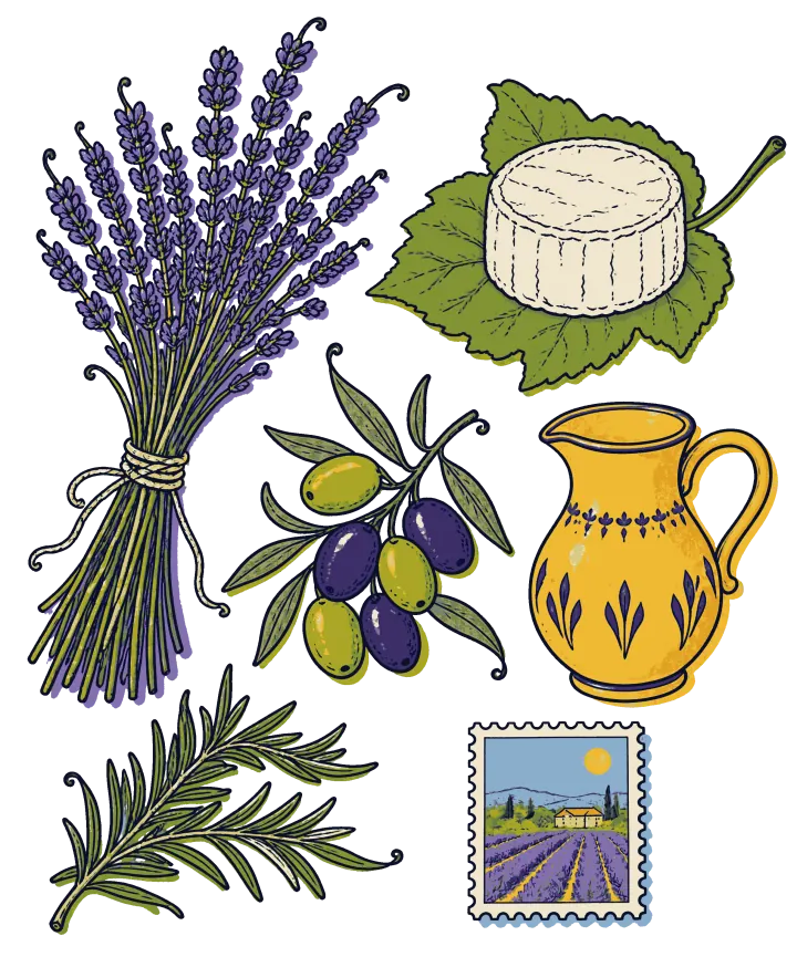 Print artwork: Provence through its ordinary things: a bundle of dried lavender tied with string, a round white goat cheese on a green leaf, a sprig of green and purple olives, a small yellow pitcher painted with blue leaves, a sprig of rosemary and a postage stamp of lavender rows running up to a farmhouse under a hot sun.