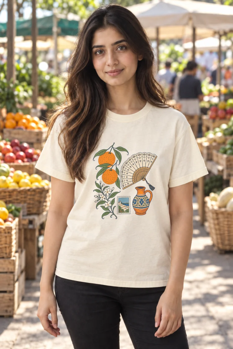 AI-generated image of a fictional model wearing the Seville, Elsewhere Tee in Ivory, size S, at 5′3″ tall.