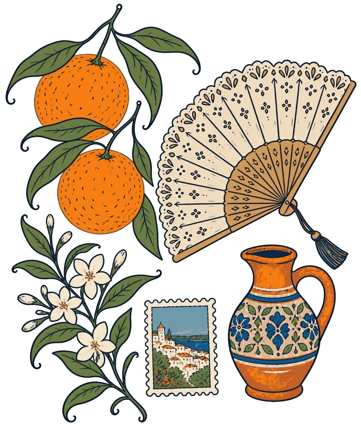 Print artwork: Seville through its ordinary things: two oranges on a leafy branch, a white blossom sprig, a cream lace fan with a blue tassel, an orange glazed jug painted with blue flowers and a postage stamp of a white hillside town.