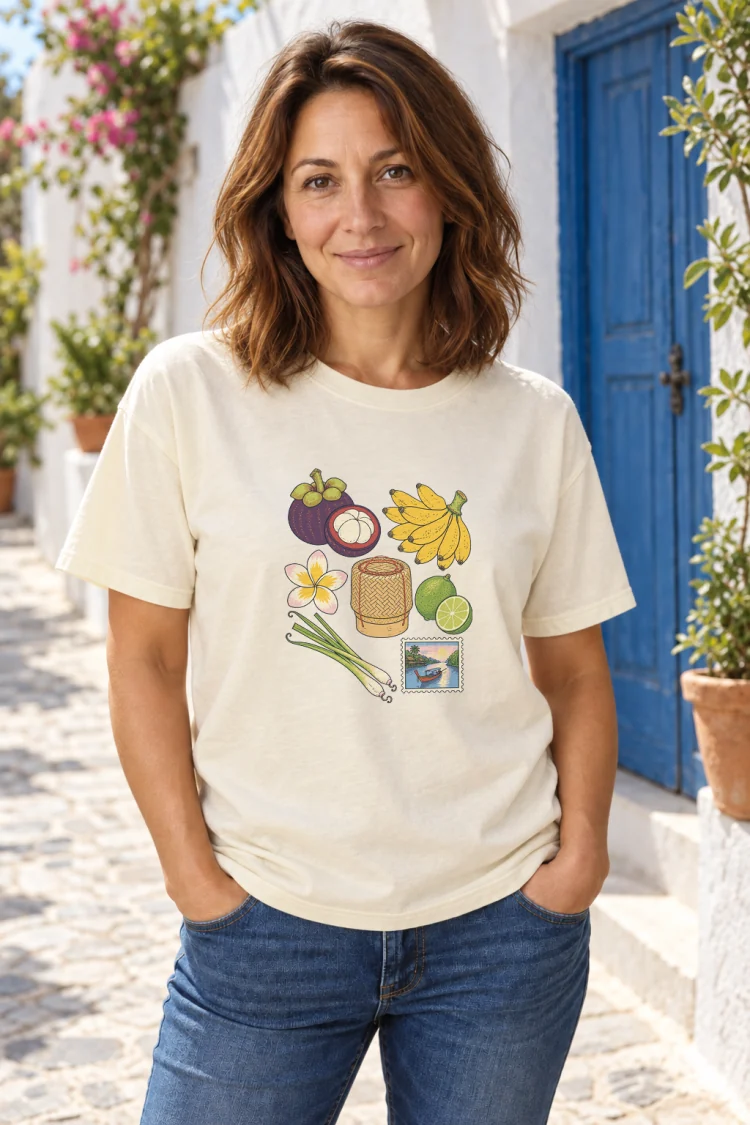 AI-generated image of a fictional model wearing the Thailand, Elsewhere Tee in Ivory, size M, at 5′4″ tall.