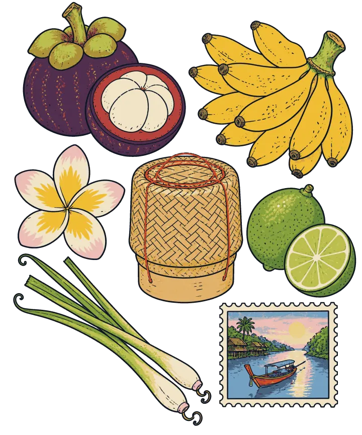 Print artwork: Thailand through its ordinary things: a purple mangosteen beside one cut open to its white segments, a hand of small bananas, a white and yellow frangipani flower, a woven bamboo basket for sticky rice, a whole lime and a half, two stalks of lemongrass and a postage stamp of a long-tail boat on a canal at sunrise.