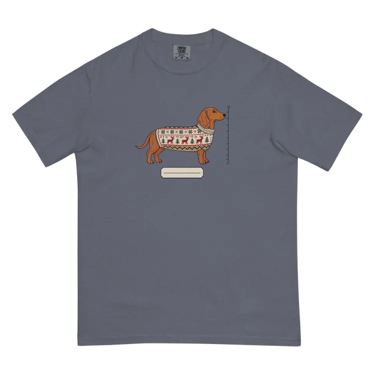 The Dachshund Christmas Sweater Tee in Denim.