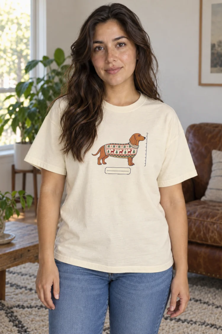 AI-generated image of a fictional model wearing the Dachshund Christmas Sweater Tee in Ivory, size M, at 5′4″ tall.
